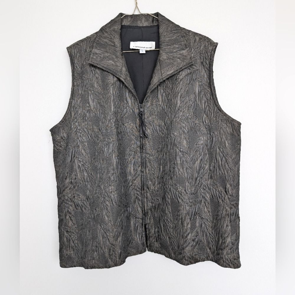 Vintage Caroline Rose Textured Jacquard Print Black Front Zip Vest Sz L